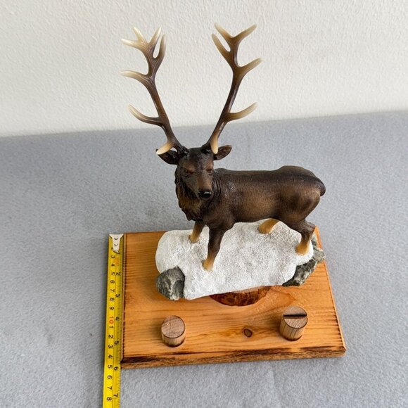 Hand-Painted Resin Deer Figurine 11" Antler Detail, Stone Accent, Wooden Base - Picture 10 of 13